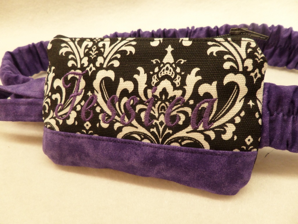 Purple Trim Damask Insulin Pump Pouch w Monogram Option Purple Trim Damask Insulin Pump Pouch w Monogram Option
